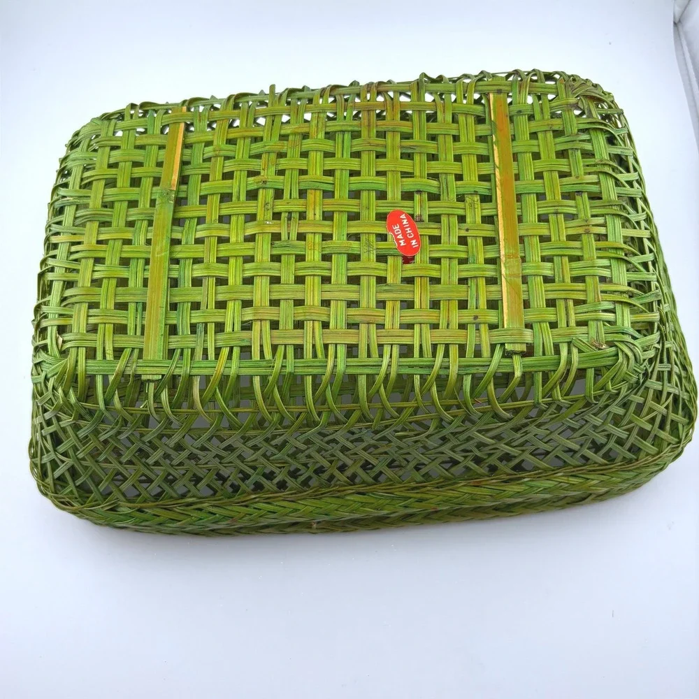 Vintage Style Woven Bamboo Baskets Set of 6 Red Green Yellow Rectangular Trays